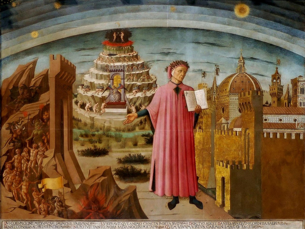 Dante e il suo poema, affresco di Domenico di Michelino nella Cattedrale di Santa Maria del Fiore, Firenze (1465)