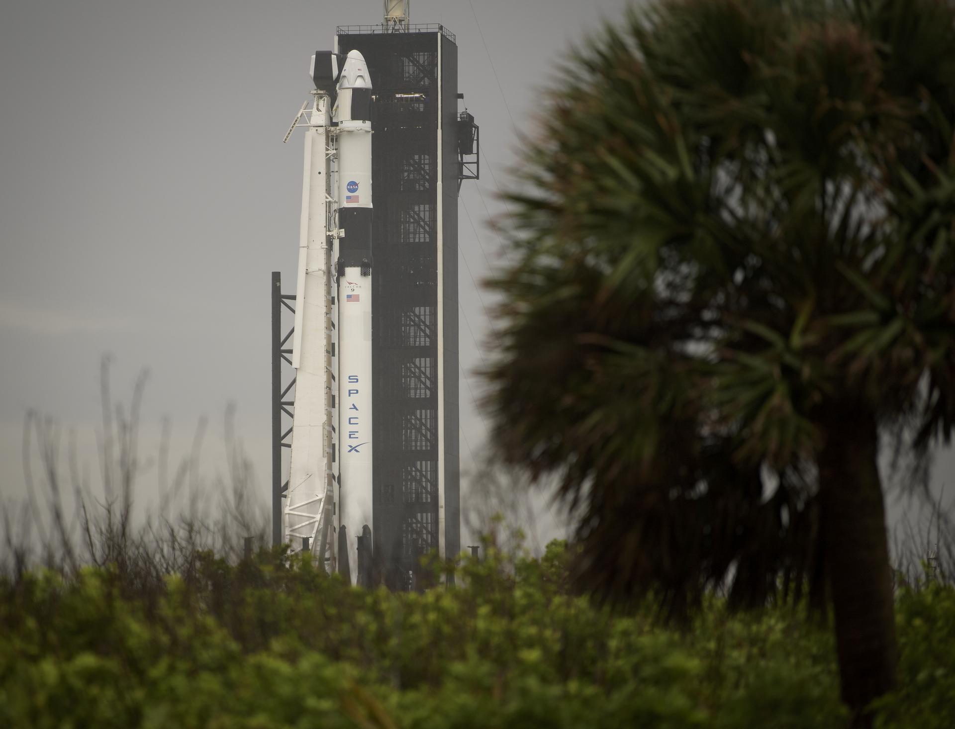 Il razzo Falcon-9 con la capsula Crew Dragon della missione Demo-2 sulla piattaforma di lancio 39A di Cape Canaveral