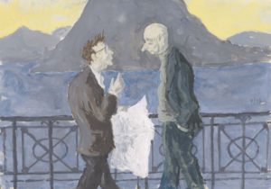 Mario Agliati, Colloquio sul quai di Lugano, tempera su carta, cm 17×24, 1997.