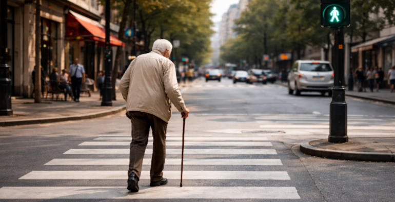 Anziano che attraversa una strada sulle strisce pedonali