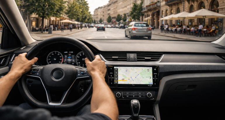 Guidatore al volante di un'automobile europea