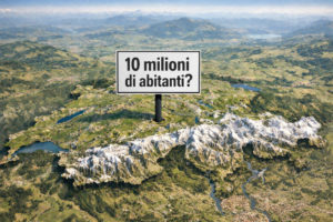 Cartina della Svizzera con piantato un cartello con la scritta "10 milioni di abitanti?"