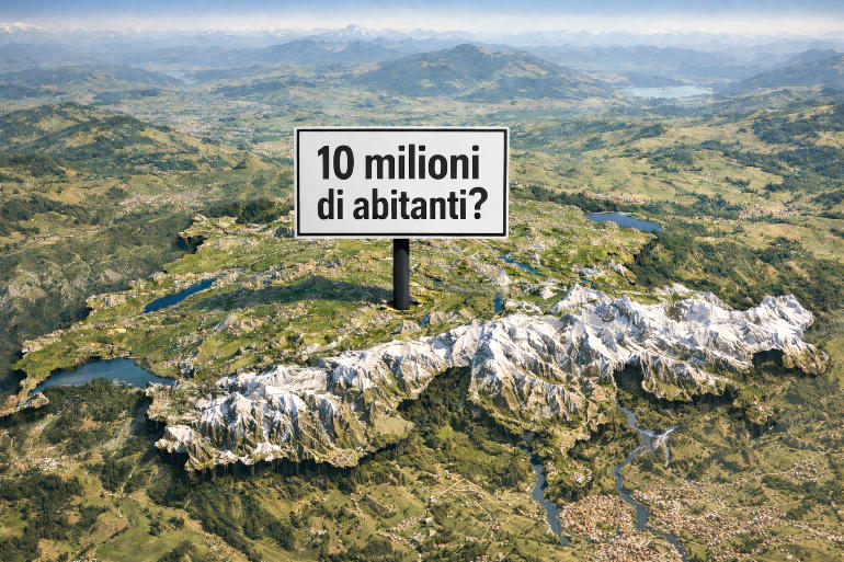Cartina della Svizzera con piantato un cartello con la scritta "10 milioni di abitanti?"