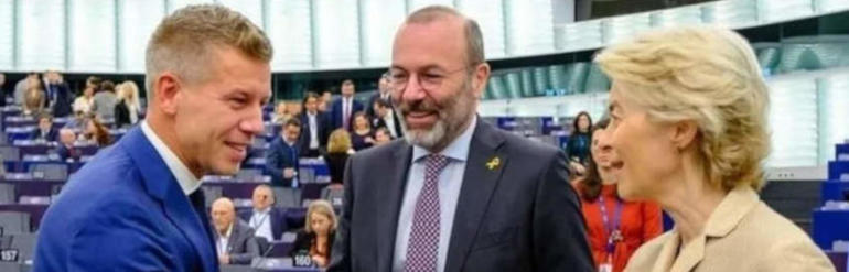 Péter Magyar con Manfred Weber e Ursula von der Leyen