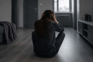 Donna triste seduta per terra in una stanza