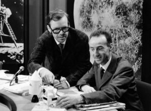 Marco Blaser ed Eugenio Bigatto durante la trasmissione sul primo allunaggio nel 1969 (Fonte: RSI)